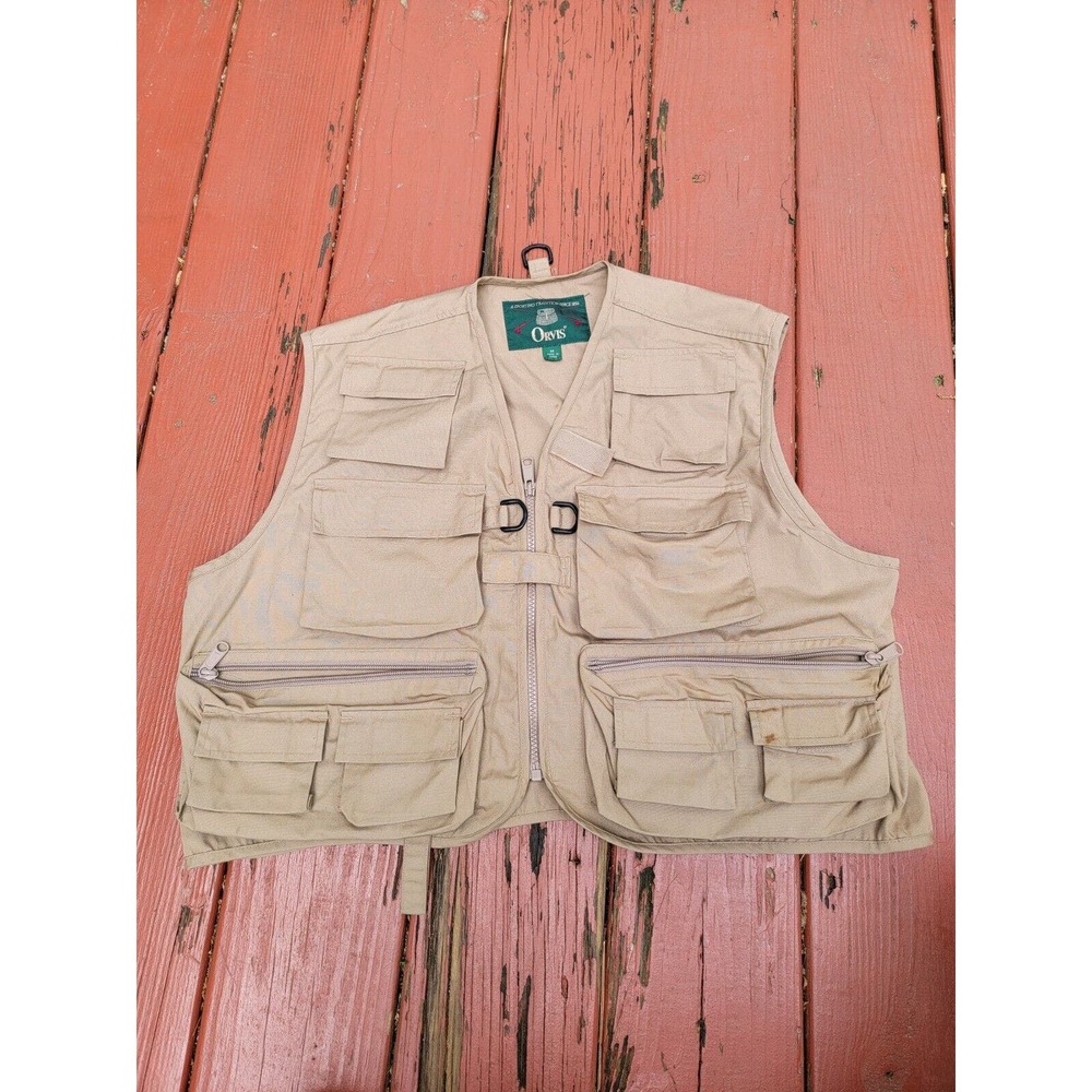 Vintage Orvis Mens Multipockets Fly Fishing Olive Vest Zip Up Size Medium